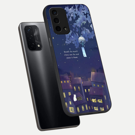 Moonlit Cat Silence phone case For Oppo A74 5G showing premium glass back cover with detailed artwork