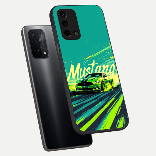 Mustang Bang phone case For Oppo A74 5G showing premium glass back cover with detailed artwork