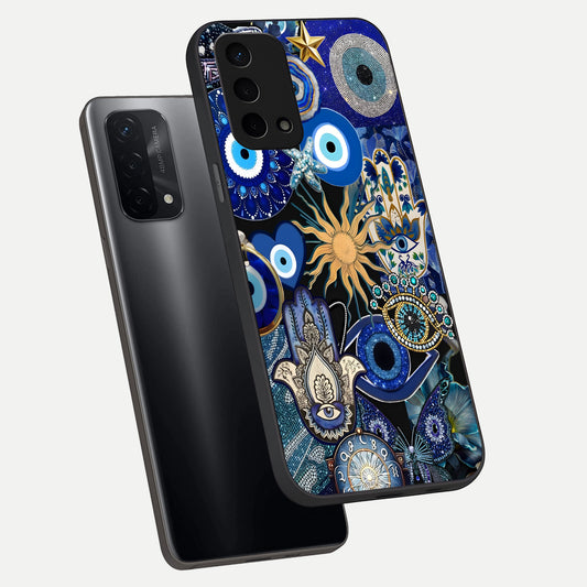 Mystic Blue Evil Eye phone case For Oppo A74 5G showing premium glass back cover with detailed artwork