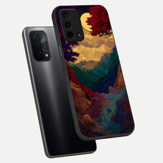 Mystic Valley Light phone case For Oppo A74 5G showing premium glass back cover with detailed artwork