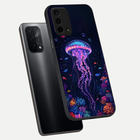 Neon Jellyfish phone case For Oppo A74 5G showing premium glass back cover with detailed artwork