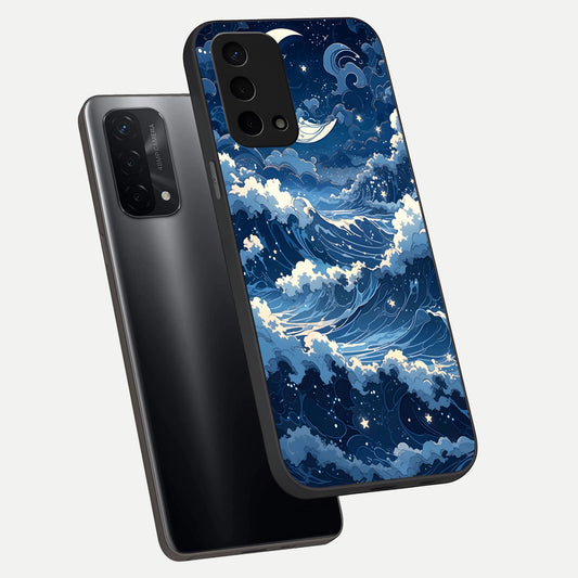Ocean Moon Waves phone case For Oppo A74 5G showing premium glass back cover with detailed artwork