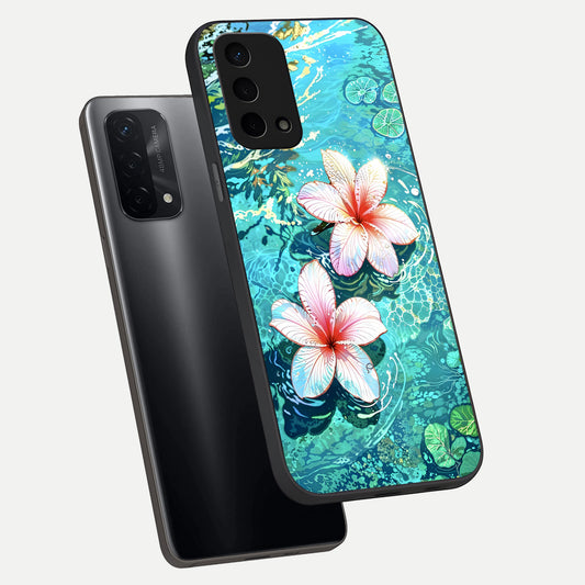 Pink Flowers in Water phone case For Oppo A74 5G showing premium glass back cover with detailed artwork