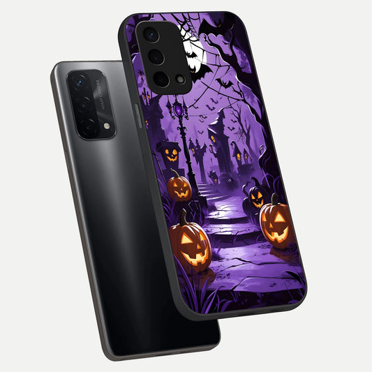 Pumpkin Patch Halloween phone case For Oppo A74 5G showing premium glass back cover with detailed artwork