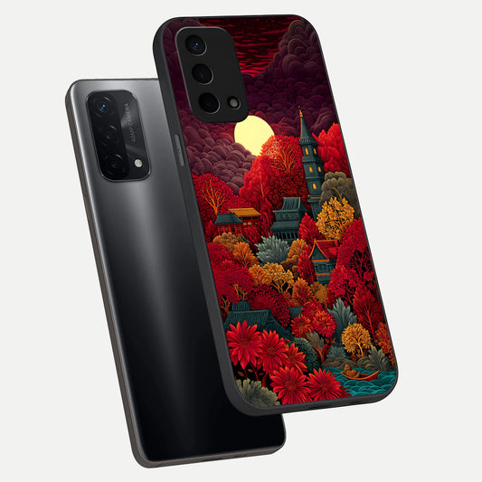 Scarlet Autumn Temple phone case For Oppo A74 5G showing premium glass back cover with detailed artwork