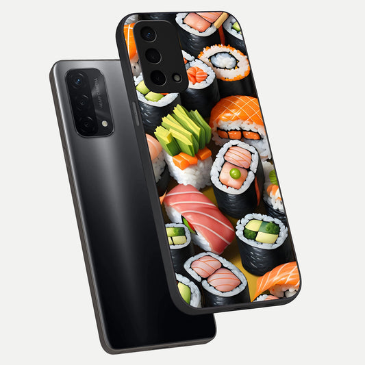 Sushi Food Pattern phone case For Oppo A74 5G showing premium glass back cover with detailed artwork