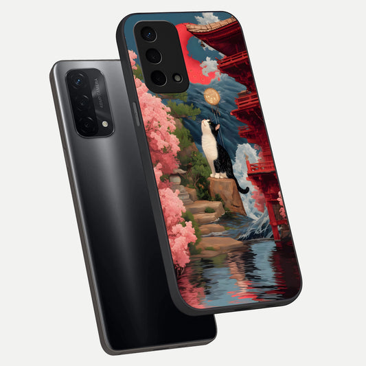 Temple Cat Scenery phone case For Oppo A74 5G showing premium glass back cover with detailed artwork