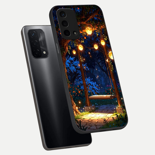 Twilight Garden Swing phone case For Oppo A74 5G showing premium glass back cover with detailed artwork