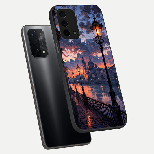 Twilight River Lights phone case For Oppo A74 5G showing premium glass back cover with detailed artwork