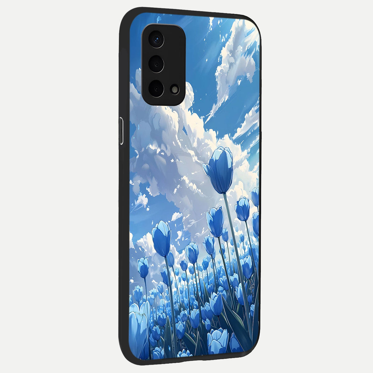 Blue Tulip Clouds back cover For Oppo A74 5G slim fit glass case with vibrant aesthetic design
