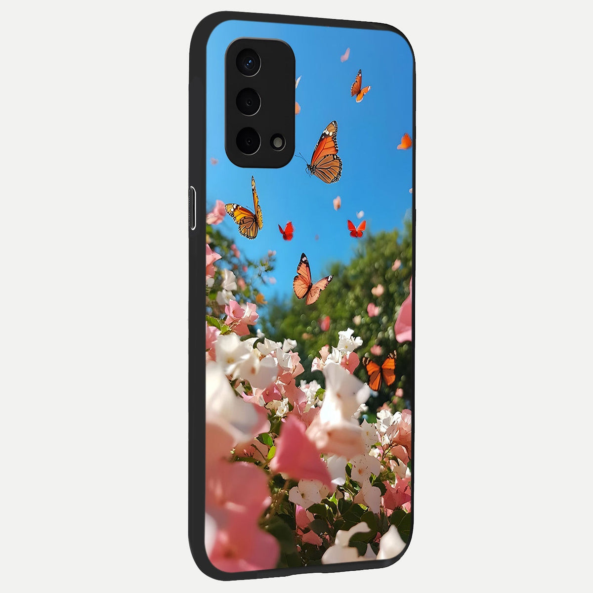 Butterflies In Bloom Sky back cover For Oppo A74 5G slim fit glass case with vibrant aesthetic design