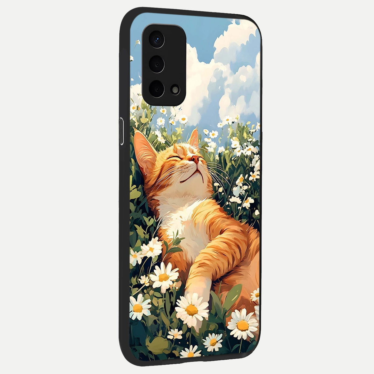 Cat And Flowers View back cover For Oppo A74 5G slim fit glass case with vibrant aesthetic design