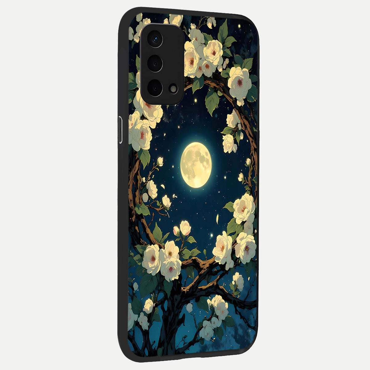 Celestial Moon And Flower back cover For Oppo A74 5G slim fit glass case with vibrant aesthetic design