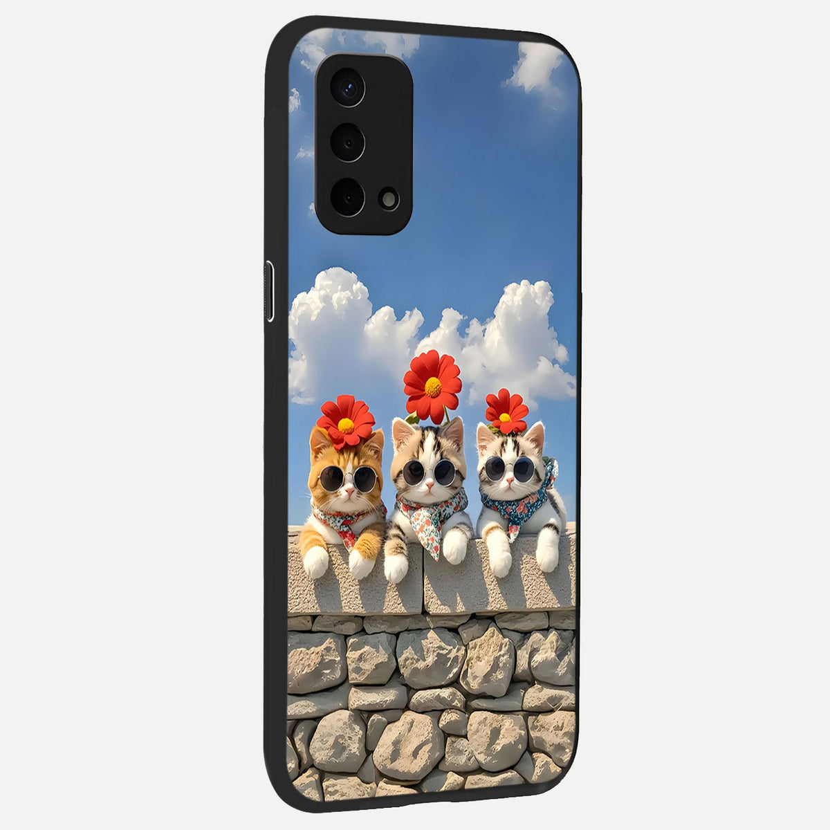 Floral Kitty Squad back cover For Oppo A74 5G slim fit glass case with vibrant aesthetic design