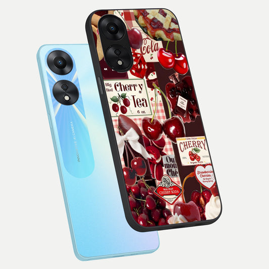 Aesthetic Cherry Tea phone case For Oppo A78 5G showing premium glass back cover with detailed artwork