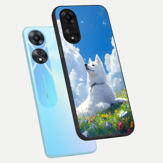 Blissful Cloud Pup phone case For Oppo A78 5G showing premium glass back cover with detailed artwork