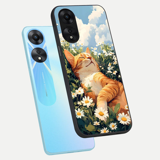 Cat And Flowers View phone case For Oppo A78 5G showing premium glass back cover with detailed artwork