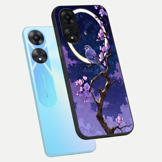 Celestial Bird Blossom phone case For Oppo A78 5G showing premium glass back cover with detailed artwork