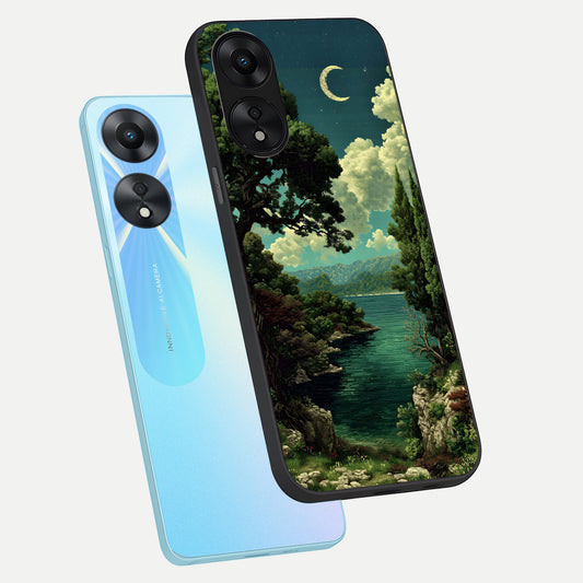 Celestial Lake Peace phone case For Oppo A78 5G showing premium glass back cover with detailed artwork