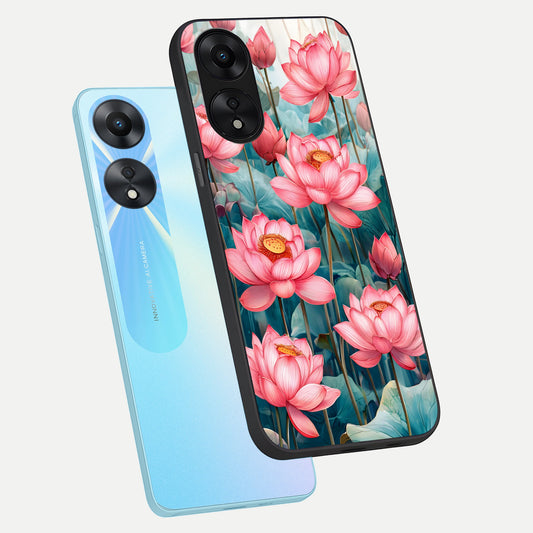 Celestial Pink Lotus phone case For Oppo A78 5G showing premium glass back cover with detailed artwork