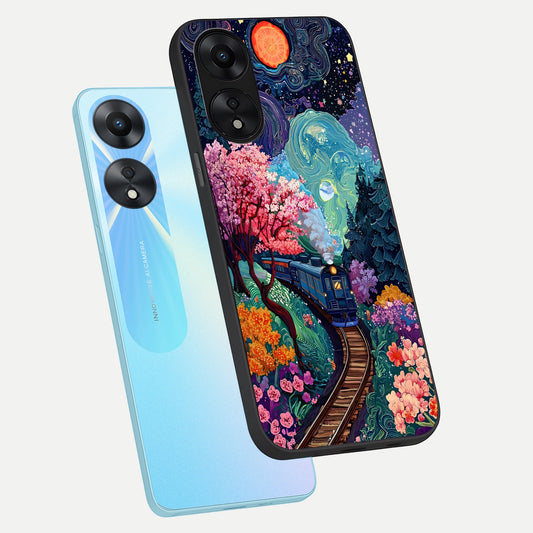 Celestial Train Journey phone case For Oppo A78 5G showing premium glass back cover with detailed artwork