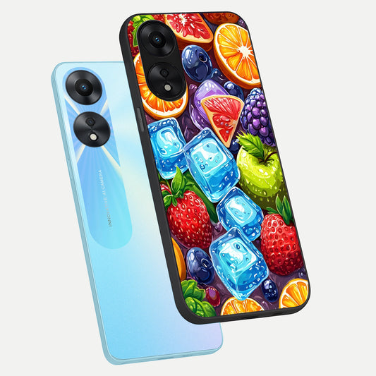 Colorful Fruits with Ice phone case For Oppo A78 5G showing premium glass back cover with detailed artwork
