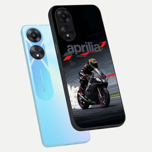 Dark Aprilla phone case For Oppo A78 5G showing premium glass back cover with detailed artwork
