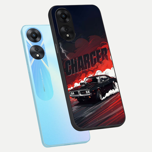 Dark Charger Fury phone case For Oppo A78 5G showing premium glass back cover with detailed artwork