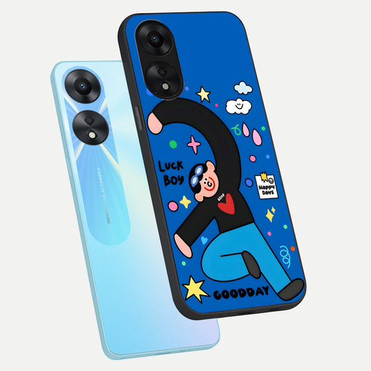 Happy Luck Vibe phone case For Oppo A78 5G showing premium glass back cover with detailed artwork