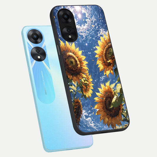 Heavenly Sunflower Rise phone case For Oppo A78 5G showing premium glass back cover with detailed artwork