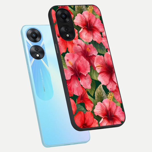 Hibiscus Pattern phone case For Oppo A78 5G showing premium glass back cover with detailed artwork