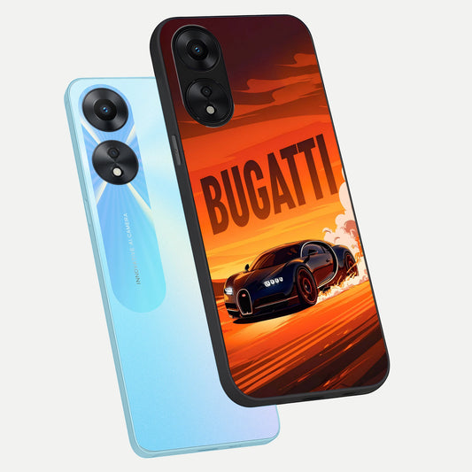 Inferno Bugatti Storm phone case For Oppo A78 5G showing premium glass back cover with detailed artwork