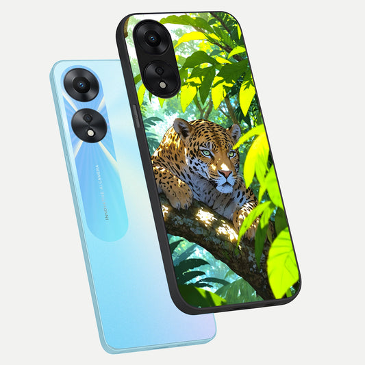 Leopard in Jungle phone case For Oppo A78 5G showing premium glass back cover with detailed artwork