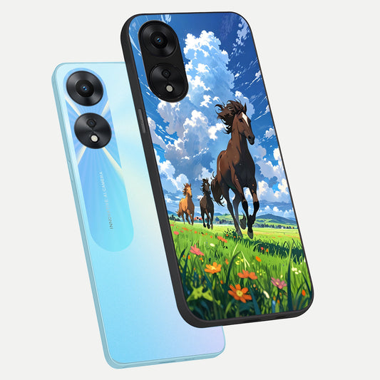 Majestic Horses Galloping phone case For Oppo A78 5G showing premium glass back cover with detailed artwork