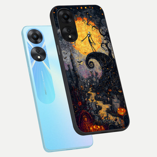 Pumpkin Moon Night phone case For Oppo A78 5G showing premium glass back cover with detailed artwork