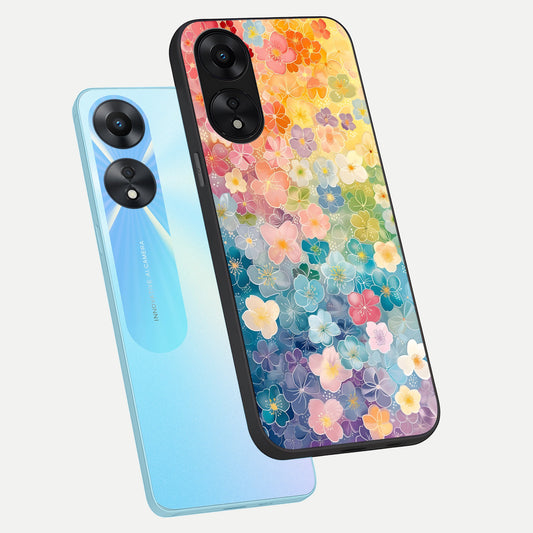 Rainbow Blossom Burst phone case For Oppo A78 5G showing premium glass back cover with detailed artwork