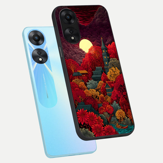 Scarlet Autumn Temple phone case For Oppo A78 5G showing premium glass back cover with detailed artwork