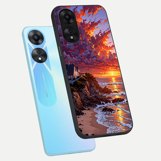 Sunset House By Sea phone case For Oppo A78 5G showing premium glass back cover with detailed artwork