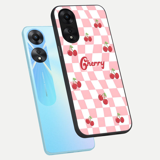 Sweet Cherry Vibes phone case For Oppo A78 5G showing premium glass back cover with detailed artwork