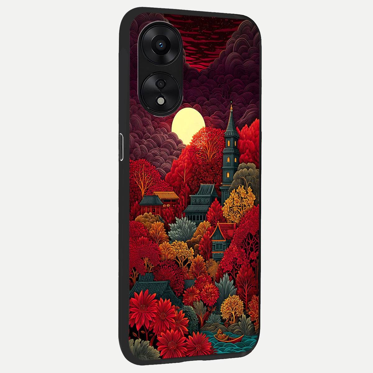Scarlet Autumn Temple back cover For Oppo A78 5G slim fit glass case with vibrant aesthetic design