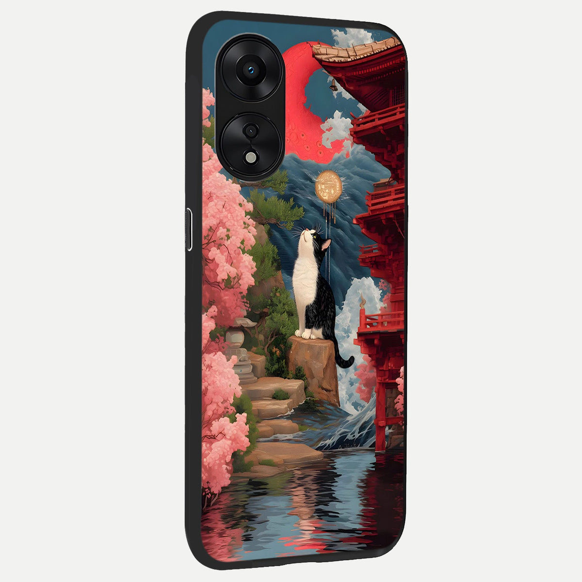 Temple Cat Scenery back cover For Oppo A78 5G slim fit glass case with vibrant aesthetic design