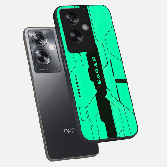 Aqua Tech CYBERPUNK Custom Name phone case For Oppo A79 showing premium glass back cover with detailed artwork