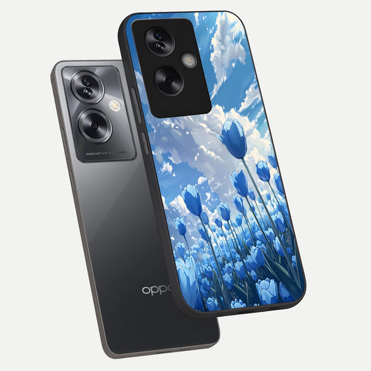 Blue Tulip Clouds phone case For Oppo A79 showing premium glass back cover with detailed artwork