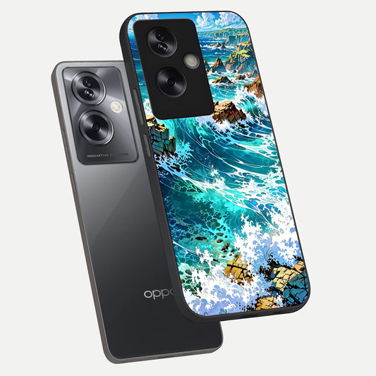 Coastal Blue Waves phone case For Oppo A79 showing premium glass back cover with detailed artwork