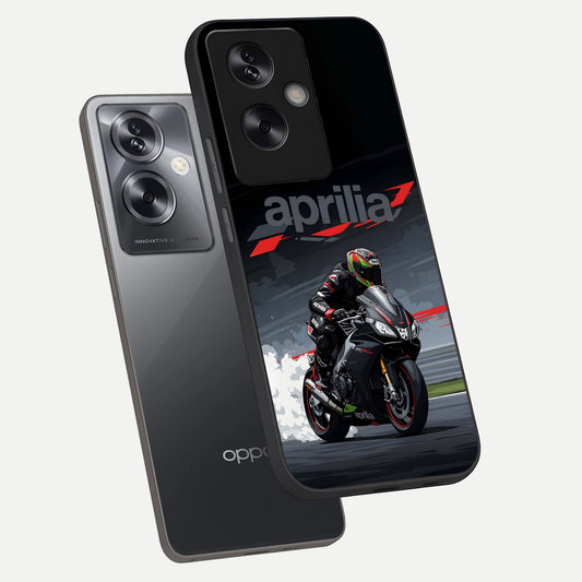 Dark Aprilla phone case For Oppo A79 showing premium glass back cover with detailed artwork