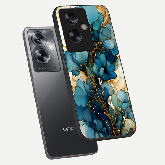 Golden Bloom Symphony phone case For Oppo A79 showing premium glass back cover with detailed artwork