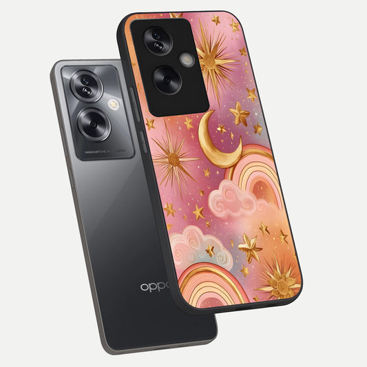 Golden Celestial Dreams phone case For Oppo A79 showing premium glass back cover with detailed artwork