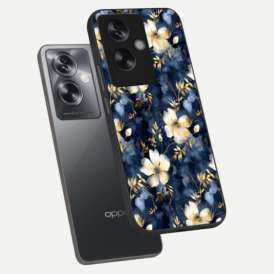 Golden Midnight Bloom phone case For Oppo A79 showing premium glass back cover with detailed artwork