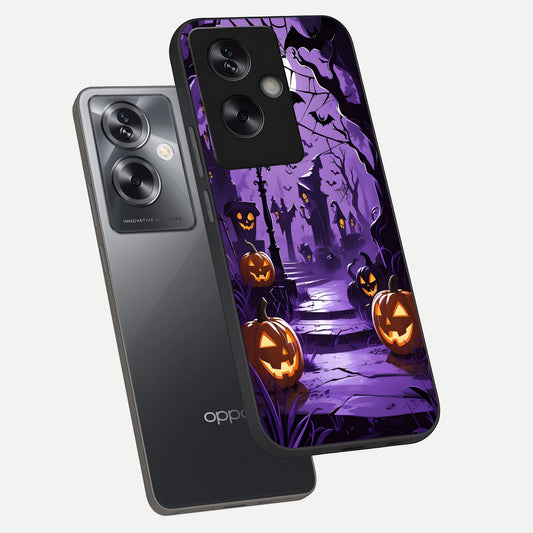 Pumpkin Patch Halloween phone case For Oppo A79 showing premium glass back cover with detailed artwork
