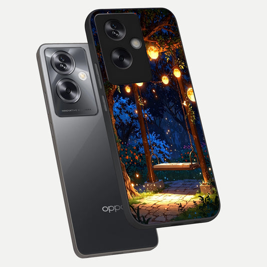 Twilight Garden Swing phone case For Oppo A79 showing premium glass back cover with detailed artwork